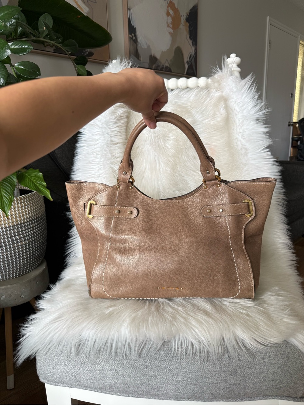 Authentic Etro Taupe Leather Tote with Top Handles